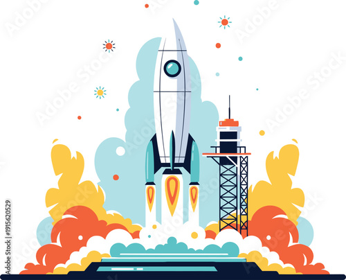 Dynamic illustration of a powerful rocket launching upwards from a launchpad amidst vibrant clouds of smoke and fire symbolizing innovation progress and the exciting journey