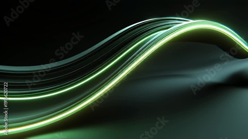 Neon Green Line Wave Built From Layered Curves On Dark Backdrop. Signal Bandwidth, Data Stream, Tech Motion.