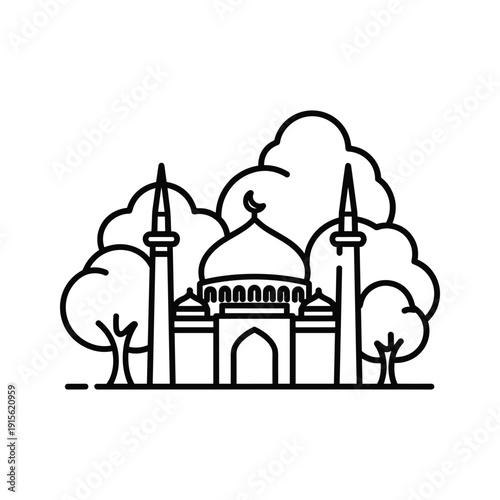 Simple line art illustration of a mosque with minarets and crescent moon