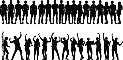 Black silhouette people set showing standing crowd and dancing group, male and female human figures isolated on white background for teamwork, diversity and celebration concepts