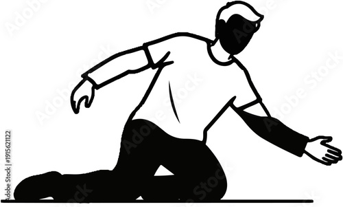 Person kneeling on one knee, reaching out with one hand and looking down