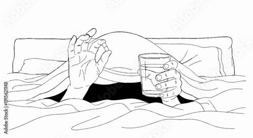 Patient holding pill and glass of water under blanket