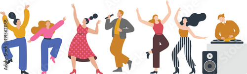 People dancing singing with DJ at party celebration music festival happy crowd flat vector illustration modern lifestyle concept design art