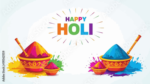 Vibrant Holi Celebration with Colorful Powders and Bowls in Joyful Festival Atmosphere