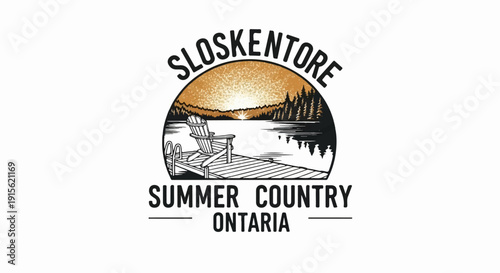 Peaceful lakeside dock with Adirondack chair, sunset over trees and water