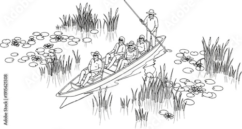 People in a canoe navigate a marsh filled with water lilies and reeds