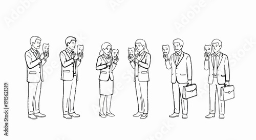 People in suits holding masks representing different emotions, showing duality