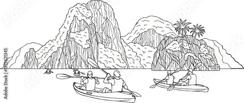 People kayaking near rocky islands with palm trees