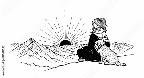 Person and dog watch sunrise over mountains