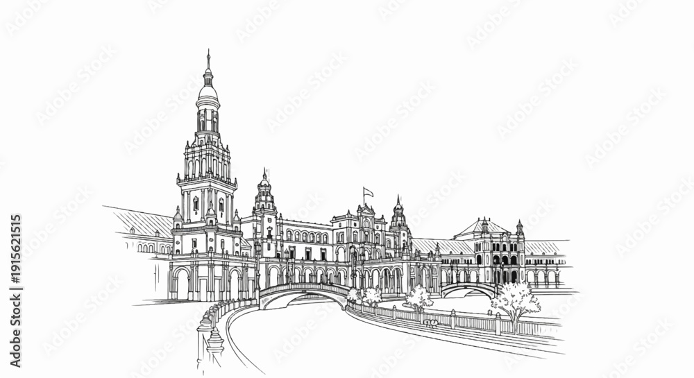 Fototapeta premium Ornate classical building with bridges and a central tower, sketched