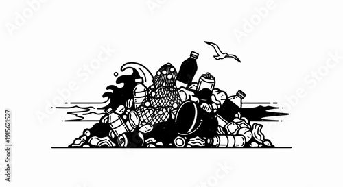 Overflowing pile of trash including plastic bottles, cans, nets, and a lone bird