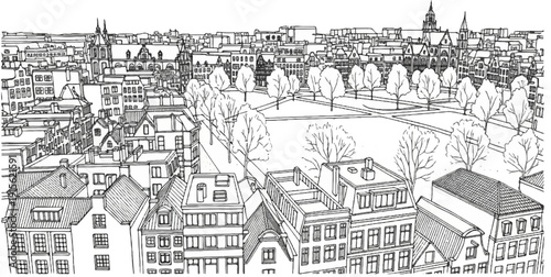 Overhead sketch of an urban landscape with buildings and a park