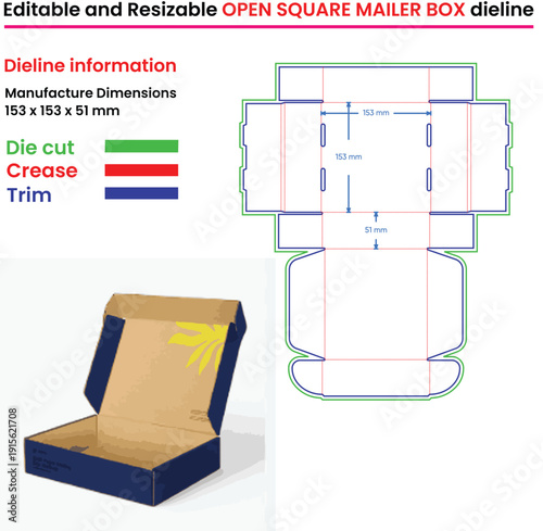 Open square mailer box dieline and sample with dimensions and cut lines