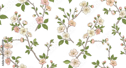 Floral Pattern with Blossoms and Leaves.