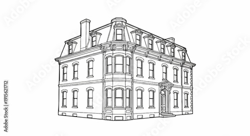 Ornate Victorian-era house, detailed architectural illustration