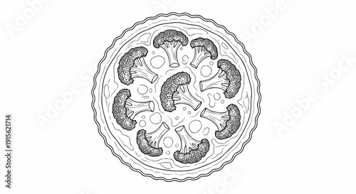 Overhead view of a black and white illustration of a round broccoli pizza