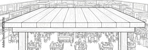Overhead perspective of a bustling indoor dining area with a wooden platform