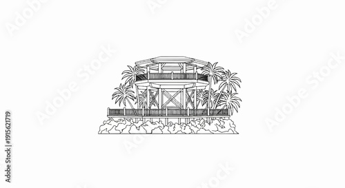Multi-level elevated structure with railings, surrounded by palm trees and resting on rocks