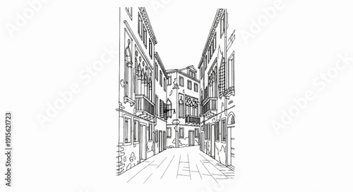Ornate buildings line a narrow, paved walkway, creating a charming urban vista