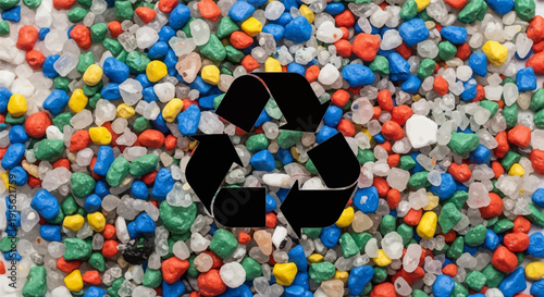 Multi-colored recycled pellets with a black recycling symbol