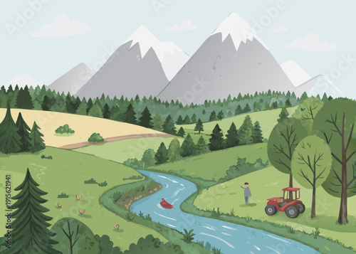 Idyllic countryside scene with a flowing river through a valley of terraced crops and distant mountain peaks. Perfect for farming, nature, and rural life concept.