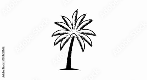 Minimalist black and white illustration of a palm tree with coconuts