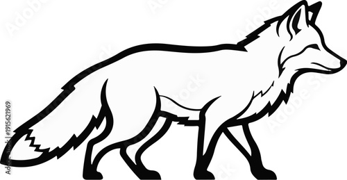 Minimalist black and white illustration of a fox walking
