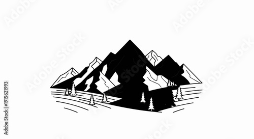 Minimalist black and white graphic of towering mountains and stylized trees