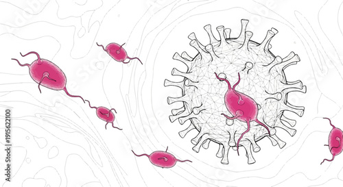 Microscopic view of viral particles and cells with pink cellular structures