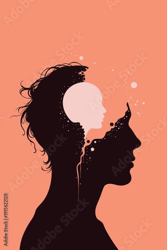 Profile silhouette of head containing inner child face with  paint splatter flowing out, symbolizing trauma, inner voice, childhood memories therapy