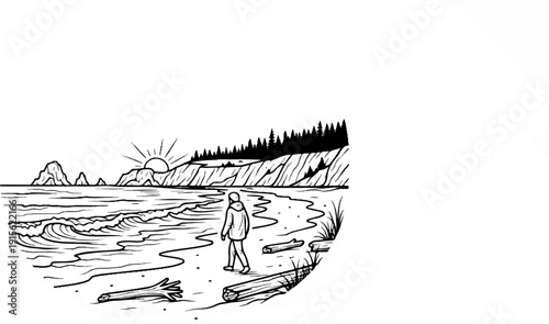 Lone figure walks along a sandy shore as waves crash near rocky sea stacks