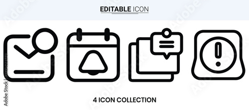A collection of four simple black outline icons representing notifications calendar document and alert