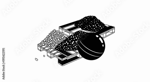 Loose spherical materials piled on wooden pallets next to a large solid sphere