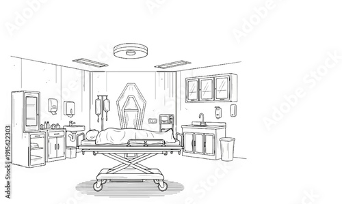 Medical room with patient on gurney, equipment, and cabinetry