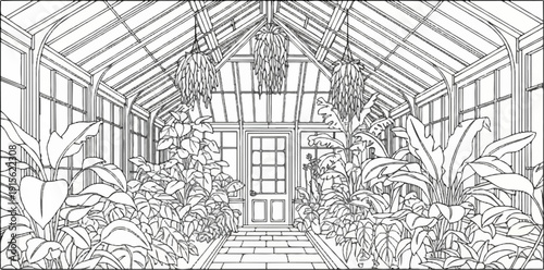 Lush indoor botanical garden with glass roof, ornate door, and hanging plants