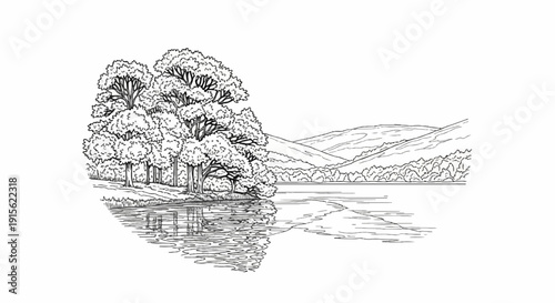 Lush trees on a lakeshore with rolling hills in the background