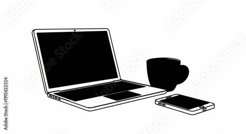 Minimalist depiction of a laptop, smartphone, and mug on a white background