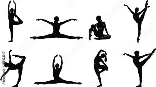 Ballet dancer silhouette set showing graceful female dance poses, stretching and balance movements isolated on white background for classical dance, fitness and art concepts