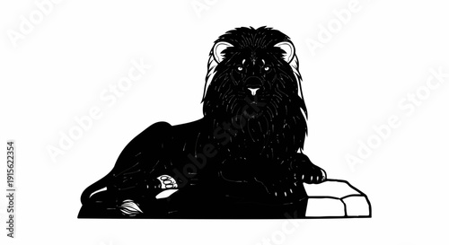 Majestic black lion rests on rocks, detailed mane, piercing eyes