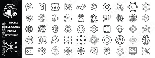 Artificial intelligence icon set featuring AI brain, robot, neural network, machine learning, automation, data processing, technology symbols for apps, dashboards, infographics, websites
