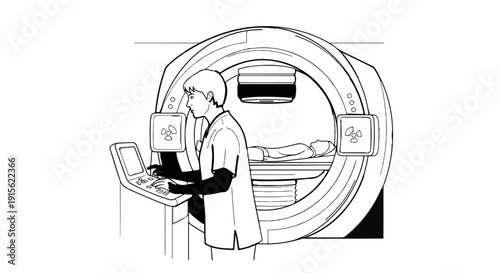 Medical professional operating radiology equipment on patient in scanner