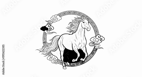Majestic horse gallops within a decorative circular frame with swirling clouds