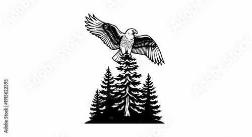 Majestic eagle with wings spread perched atop a dense cluster of pine trees