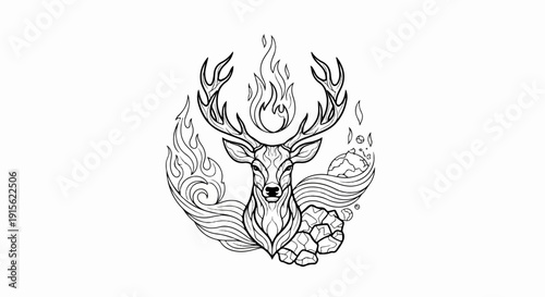 Majestic stag head with fiery antlers, elemental swirls, and rocky base