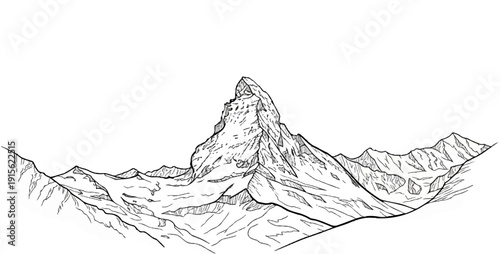 Majestic snow-capped mountain range, detailed line art drawing, dramatic peaks