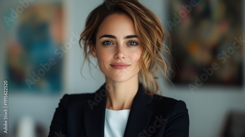 Wallpaper Mural A professional woman exuding confidence with a friendly smile, dressed in smart business attire against an artistic background, symbolizing empowerment and success in the workplace. Torontodigital.ca