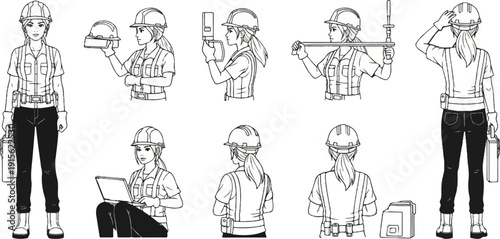 Multiple views of a female construction worker with tools, laptop, and safety gear