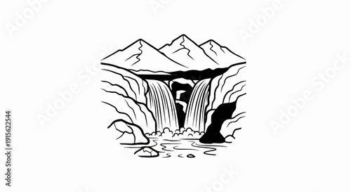 Majestic triple peaks tower over plunging twin waterfalls into a rocky river