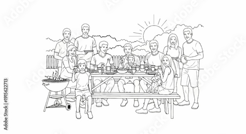 Outdoor family gathering with a barbecue and picnic table under the sun