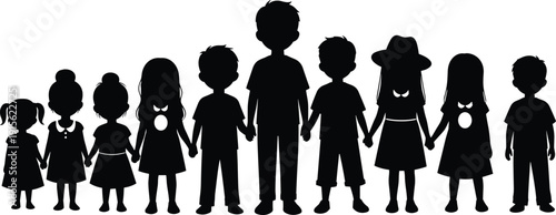 Children silhouettes holding hands in unity line representing diversity friendship childhood community teamwork innocence family values education concept isolated on white background